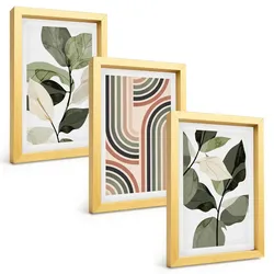 BILDER SET 3er Set - 20x30 cm Goldrahmen - Geometrische Pflanzenmotive