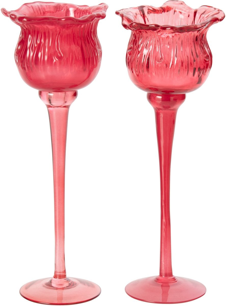J-Line Tulpvormig windlicht op voet - Glas - Fuchsia - Large - Set van 2 waxinelichtjeshouders