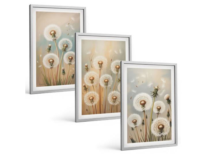 BILDER SET 3er Set - 40x60 cm Silberner Rahmen - Pastellfarbene Löwenzahnblüten