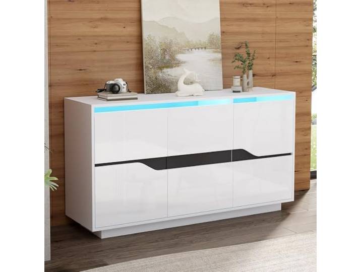 QQJIN LED Sideboard Weiß-Schwarz 140x40x70 cm, Sideboards mit 3 Türen & Soft-Close, Verstellbare Trennwände, Sideboard für Wohnzimmer, Flur, Küche,I