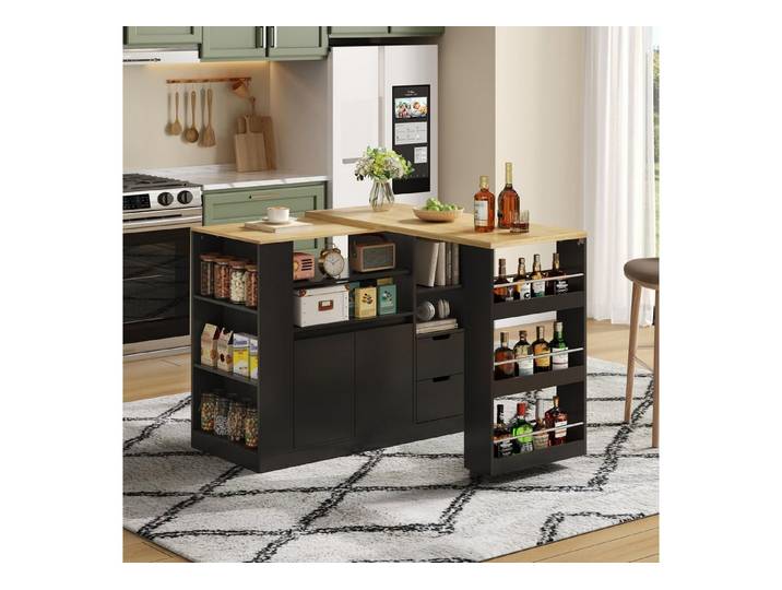 Odikalo Kücheninsel Sideboard Buffetschrank mit Arbeitsplatte Schublade Ablageregal, (Kücheninsel mit ausziehbarer Arbeitsplatte, 115 cm lange Aufbewahrungsinsel mit dreiseitigen Regalen und zwei Schubladen, Kaffeebar, ausziehbarer Esstisch aus Holz, geeignet für Esszimmer und Hausbars)