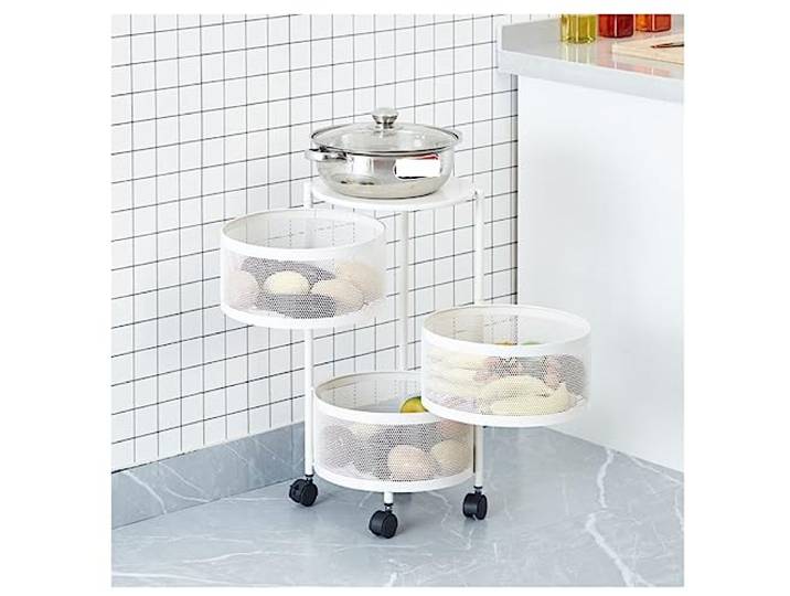DFHetFH Rollwagen Mehrschichtiges Lagerregal Aus Metall, Drehbarer Korb, Organizer, Wagen, Boden, Gemüse, Obstregal Mit Rädern Küchenwagen(White,3-Tier)