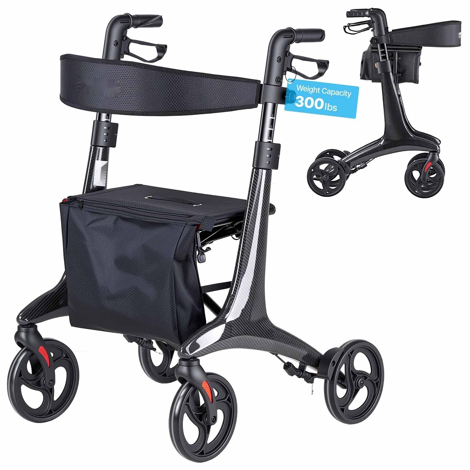 Rollator - Faltbarer Gehwagen mit Sitz - Leicht - Große 20,3-cm-Räder - Tragkraft 136 kg - Höhenverstellbar - Rückenlehne, Tasche & Gehstockhalter - Feststellbremse - Schwarz