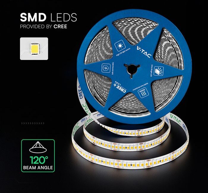 V-Tac Strip Led Chip Cree 238led/mt 18w/mt 5mt 24v 4000k 10mm Ip20 – Sku 2126006