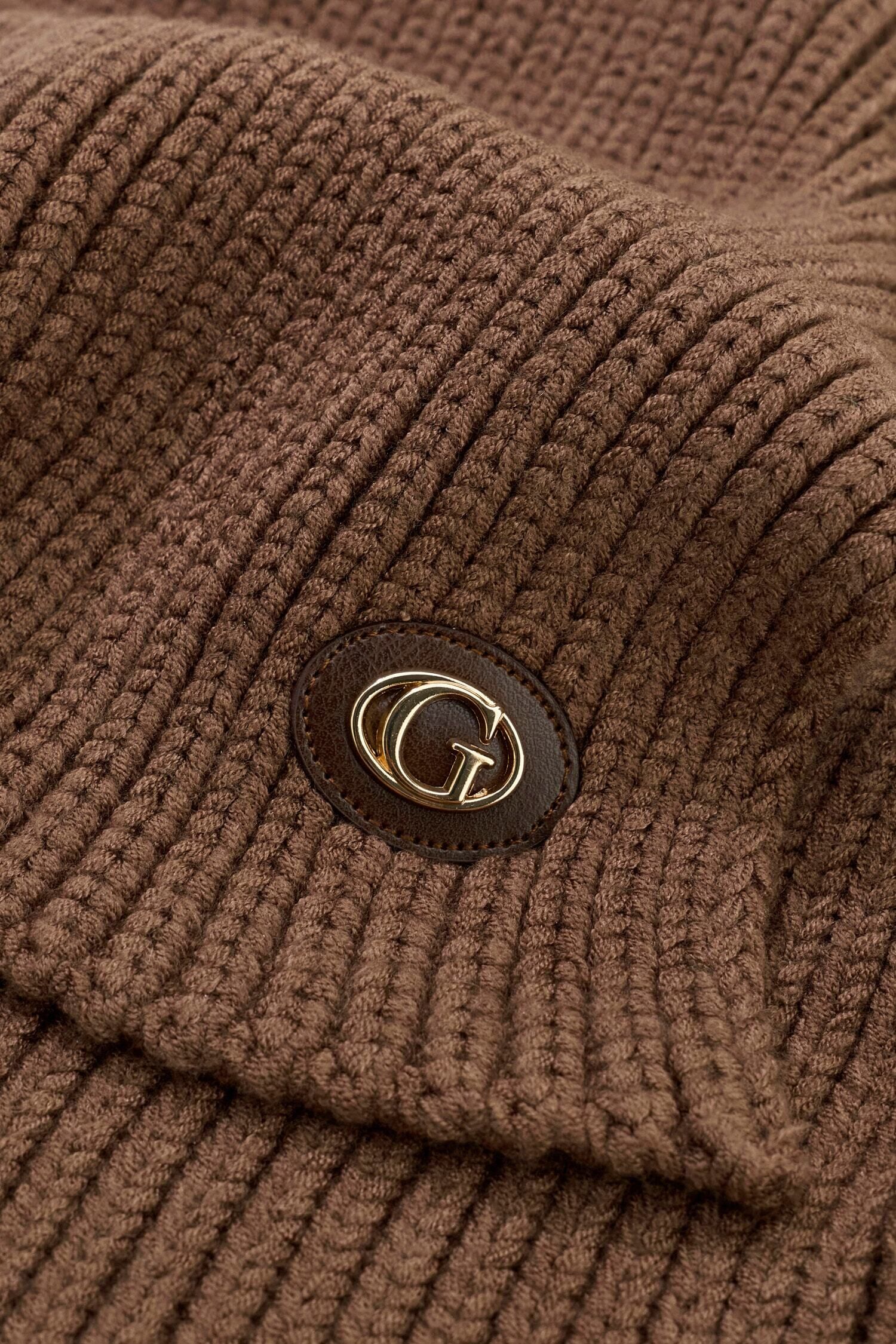 Strickschal GUESS "KNITTED SCARF", Damen, espresso, Strick, Materialmix, unifarben, Modetücher Strickschal, mit dezentem Logoaufnäher espresso Einheitsgröße