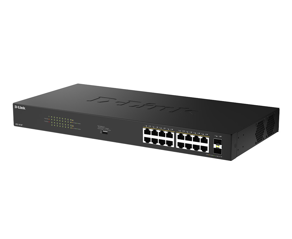 D-Link DGS-1018P/E 18-Port-Gigabit-PoE+-Switch ohne Verwaltung mit 2 x SFP-Ports
