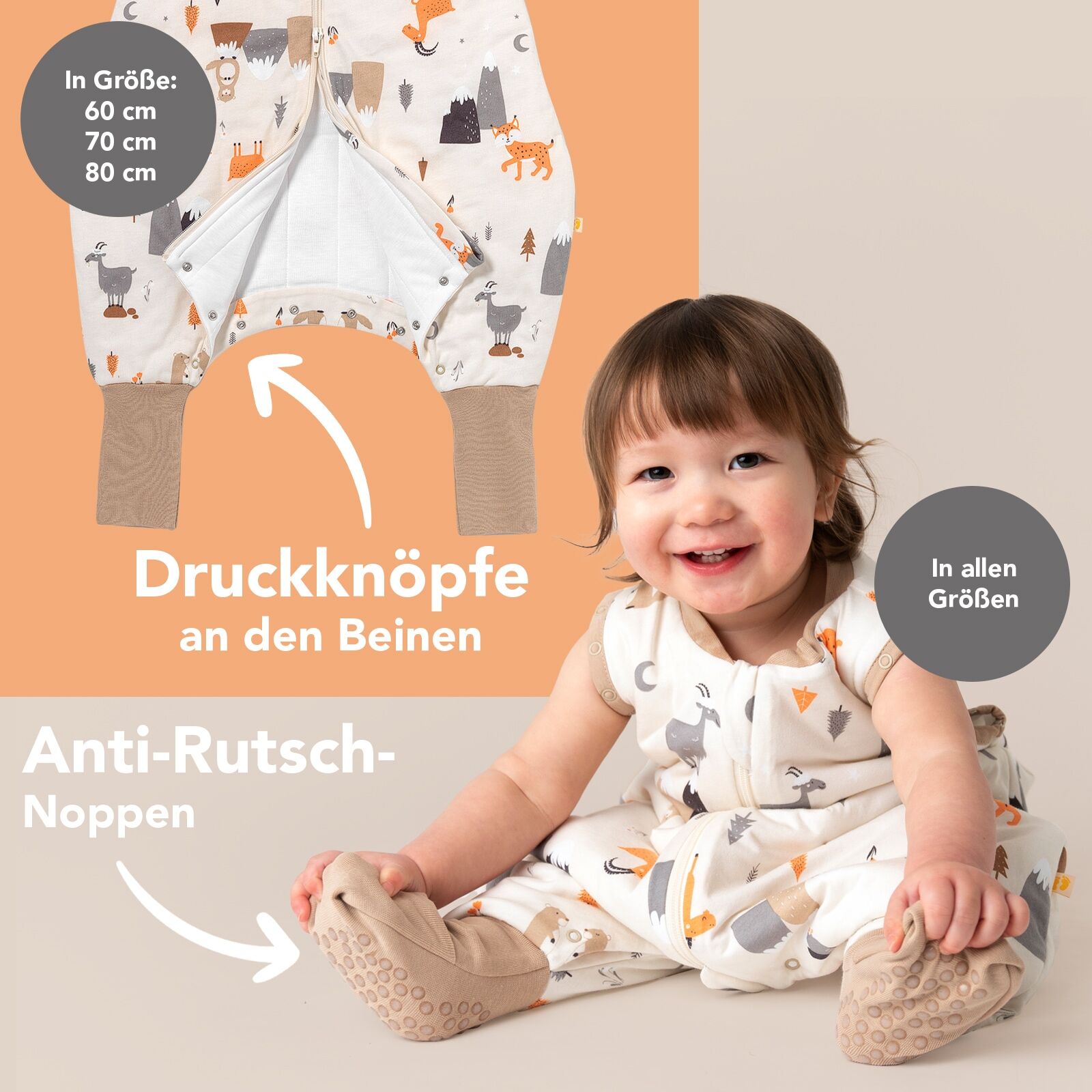 Babyschlafsack SCHLUMMERSACK "Schlafsack mit Füßen 2.5 Tog", Baby, Gr. L: 100cm, beige (bergtiere), Obermaterial: 100% Baumwolle CO., Schlafsäcke Babyschlafsack