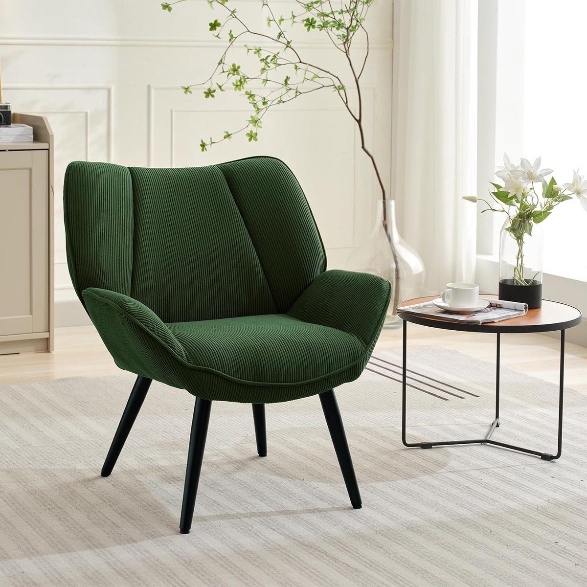 HOERFURIY Moderne accentstoel van corduroy – Gestoffeerde loungefauteuil met metalen poten – Groen