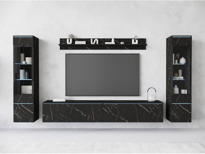 Wohnwand HOME AFFAIRE VERA II , schwarz (san sebastian), B:260cm H:130cm T:33cm, Kastenmöbel-Sets, Wohnwand, Mediawand 260 cm, Vitrine mit Verglasung, stehend und hängend