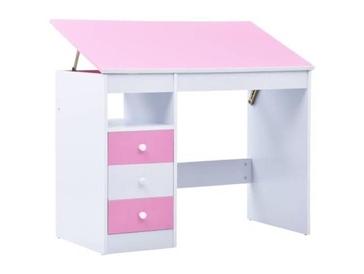 ZXQVLMRS Kinderschreibtisch Kippbar, Holzwerkstoff Schultisch 100 x 55 cm Mit 3 Schubladen, Höhenverstellbar, Offenes Ablagefach, Rosa & Weiß