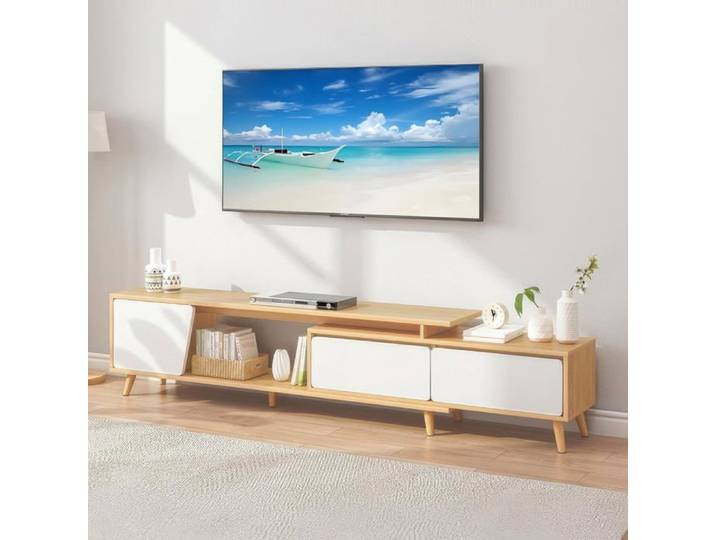 Meuble TV Scandinave 140 cm Blanc et Bois avec Rangement Style Nordique pour Salon Design Épuré et Fonctionnel