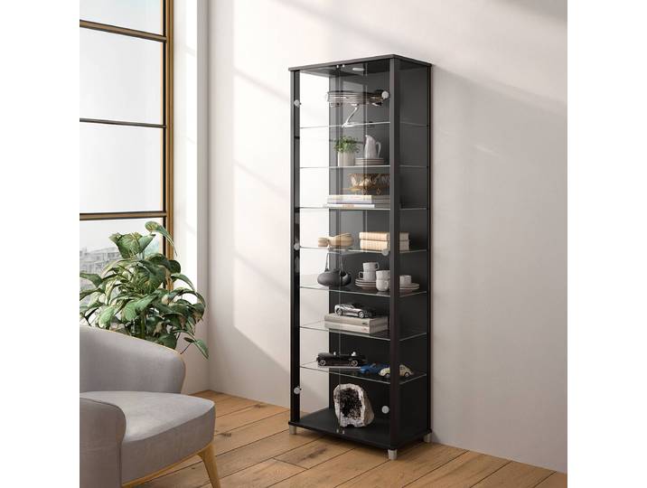 Vitrienschrank 58 cm mit 7 Böden 58 x 172 x 32cm mit Beleuchtung Schwarz/Eiche Schwarzbraun Dekor
