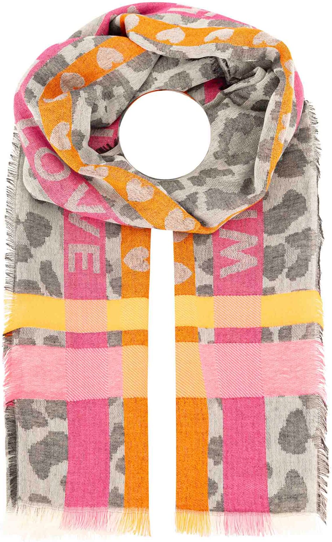 Schal ZWILLINGSHERZ "Wild Love", Damen, grau, Obermaterial: 100% Polyester, Modetücher Schal, trendiger Schal mit Herzen und Schriftzug grau Einheitsgröße