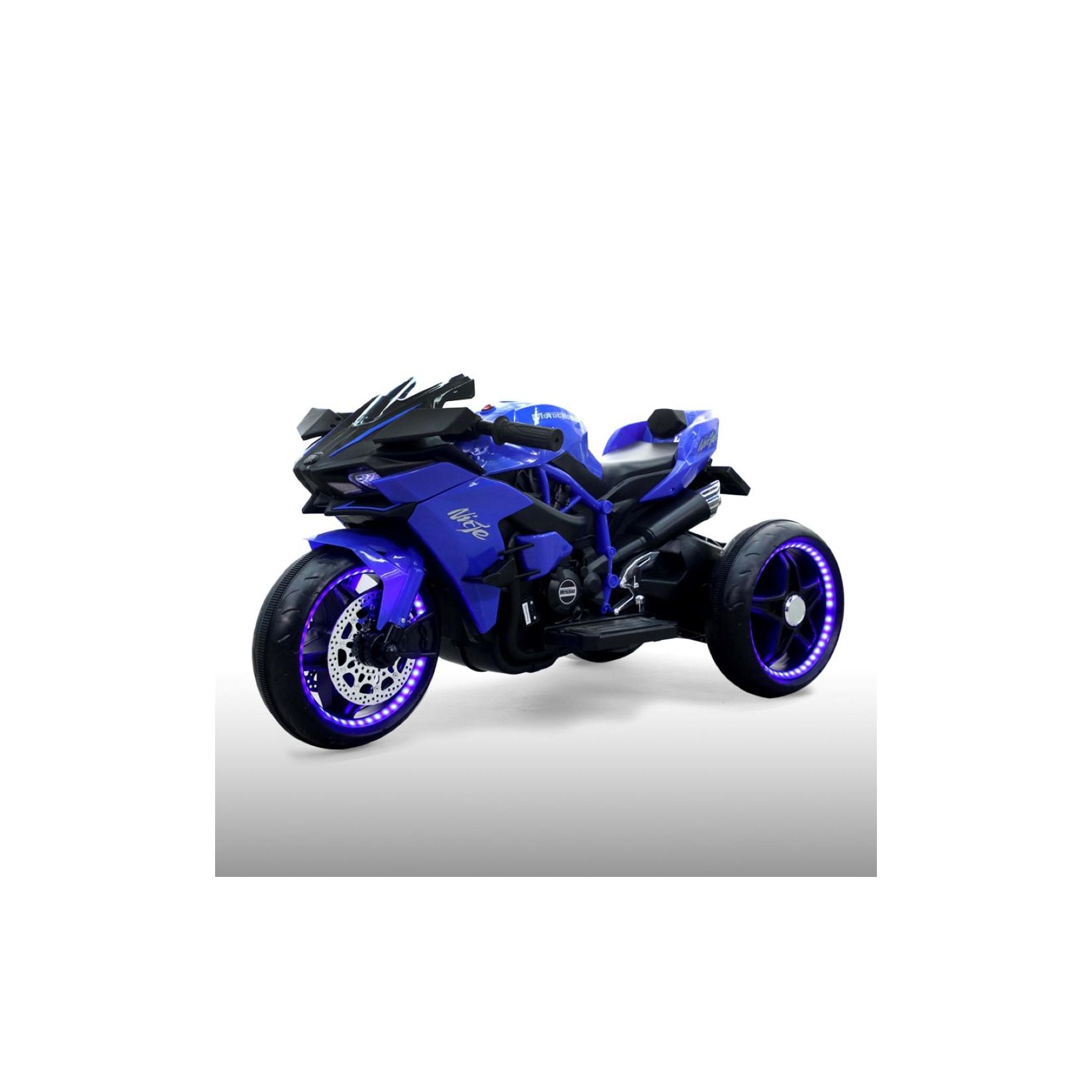 Moni Kinder Elektromotorrad Ninja, drei Kunststoffräder, LED-Beleuchtung, Mp3 blau