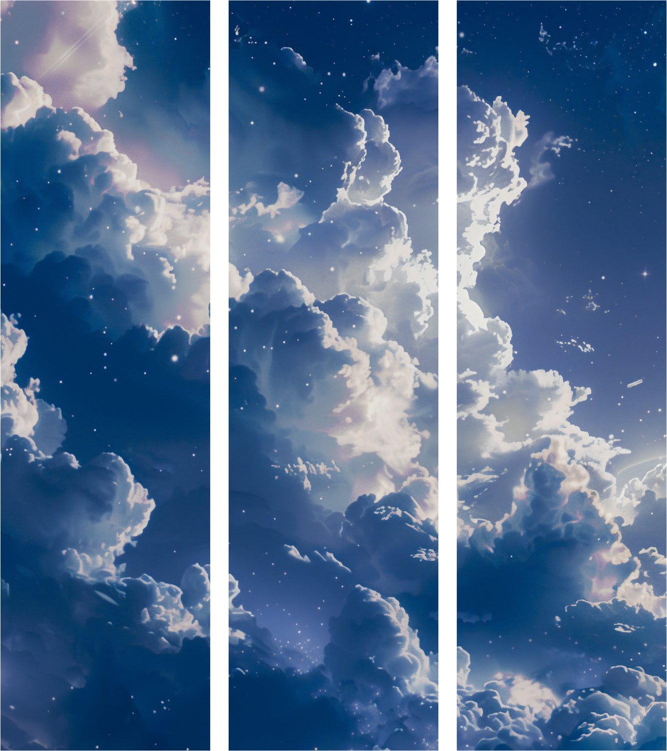 3-delig Japans kamerscherm Starry Clouds and Delicate Light Over a Corner of the Sky met houten frame, H 172 cm