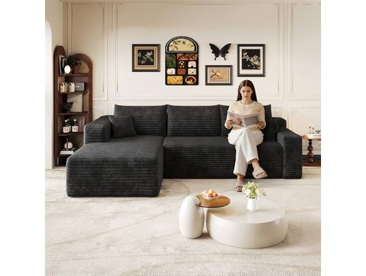VILUXE L-förmiges Cordsofa 241 cm mit tiefem Sitz, 3-Sitzer Schwarz L-förmiges 3-Sitzer-Cordsofa mit tiefem Sitz, hochelastischer Schaumstofffüllung und komfortabler Polsterung ohne Montage