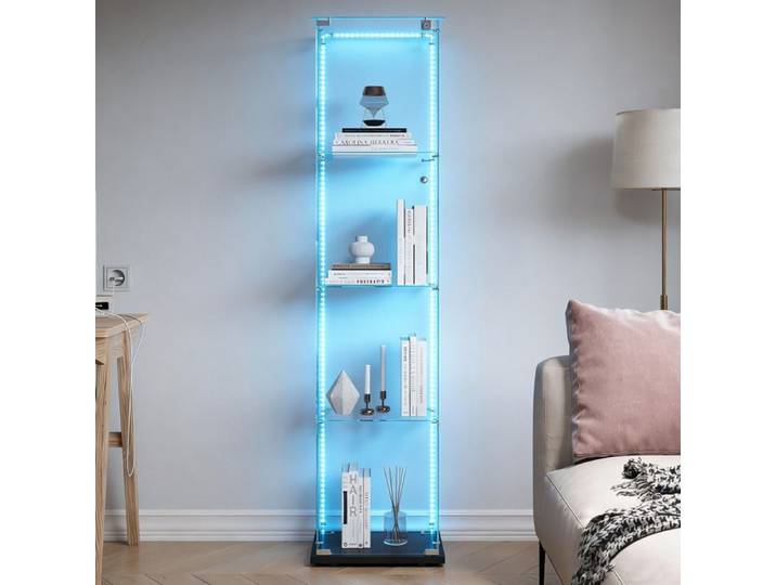 Vitrine en Verre LED - Vitrine Salon - 4 étagères Miroir - Serrure &1 Porte - Verre Trempé - Pour Collection - 39.8x35x163CM - Noir