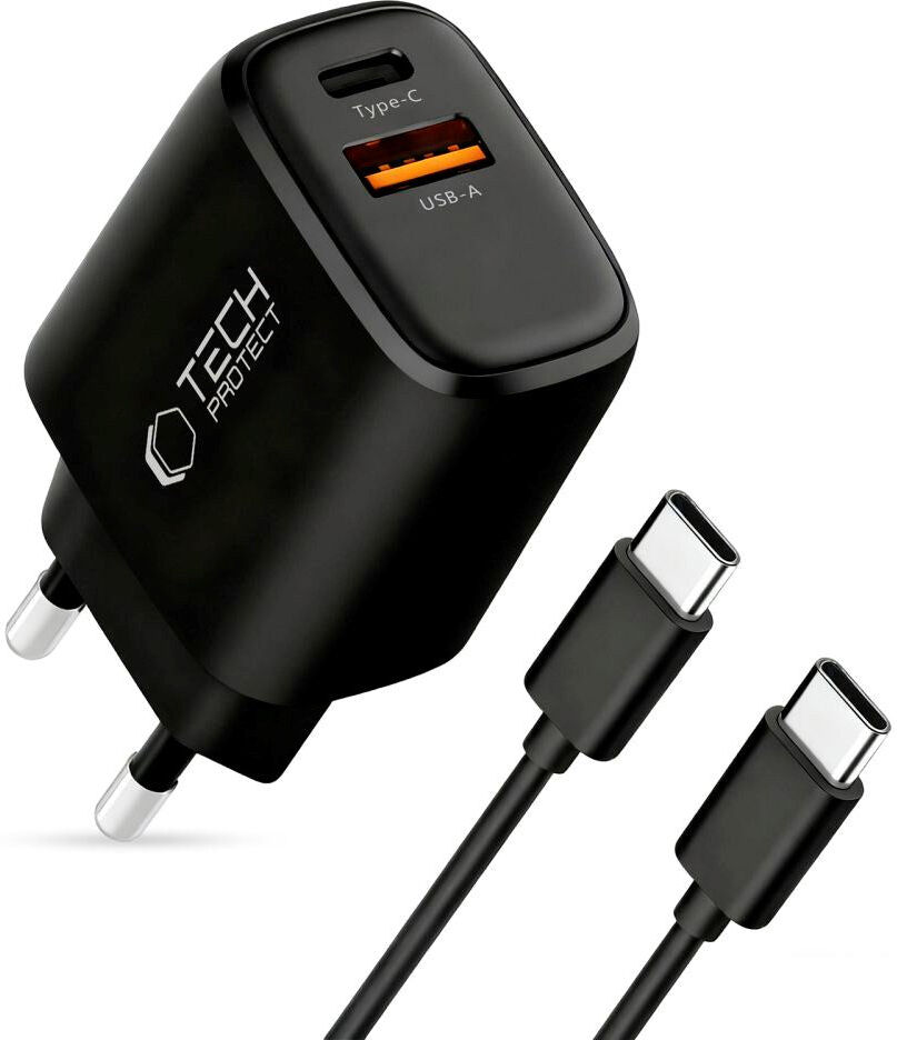 Tech-Protect Vægoplader m. 1 x USB-A / 1 x USB-C / 1 x USB-C til USB-C Kabel - 45W - Sort