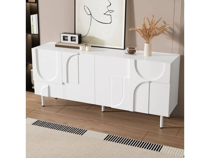 Buffet bas - MODERNLUXE - 160x38.5x70cm - 4 portes - Pieds en métal - Blanc
