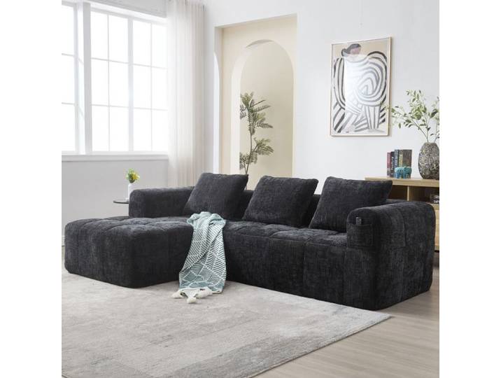 Canapé d'angle - FUNMOON - Funmoon - 3 places - Chenille noir - Méridienne réversible