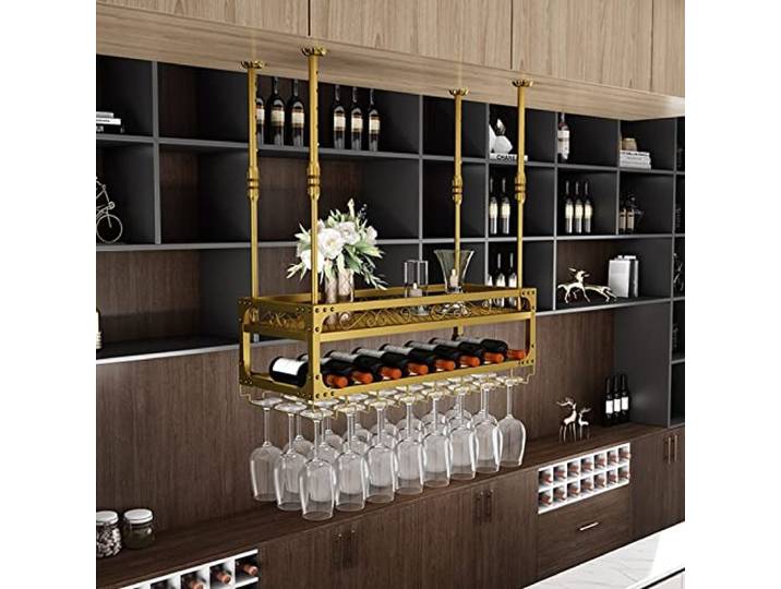 OOPDNEGAK Weinregal Hängend - Decke Weinregal Dekoration Regal, Schmiedeeiserner Pflanzenständer, An Der Wand Befestigter Glashalter, Weinflaschenregal Mit Geländer(Gold,100 * 30cm)