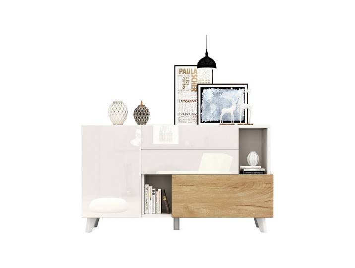 EXTSUD Sideboard Hochglanz Weiß & Holzoptik, 1 Tür, 2 Schubladen