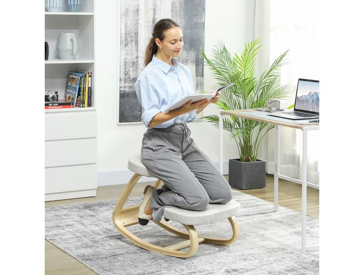 HOMCOM Chaise Ergonomique Bois Bascule Crème Bureau
