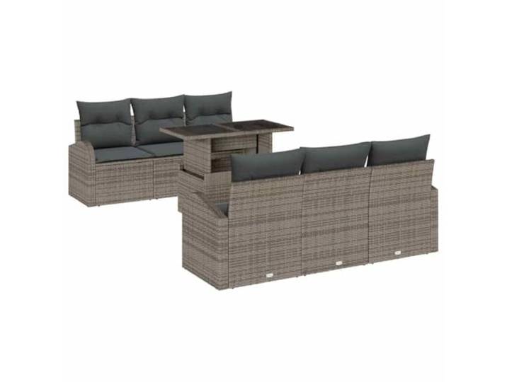 7er Set Gartensofas Grau Polyrattan mit Kissen und Beistelltisch Modulares Set, UV-beständiges Polyrattange, Schaumstoffkissen, Tischplatte aus gehärtetem Glas, einfache Pflege