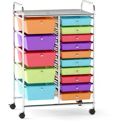 COSTWAY Rollwagen mit 15 stapelbaren Schubladen, Rollcontainer 63x37x87cm, bunt