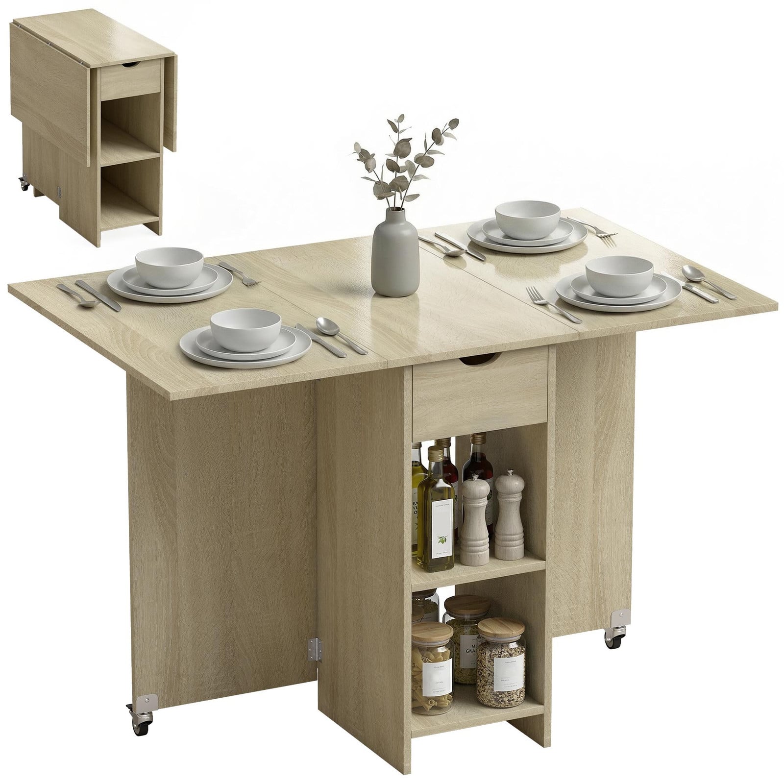 HOMCOM Inklapbare Eettafel met lade en 2 opbergplanken, geschikt voor 2-4 personen