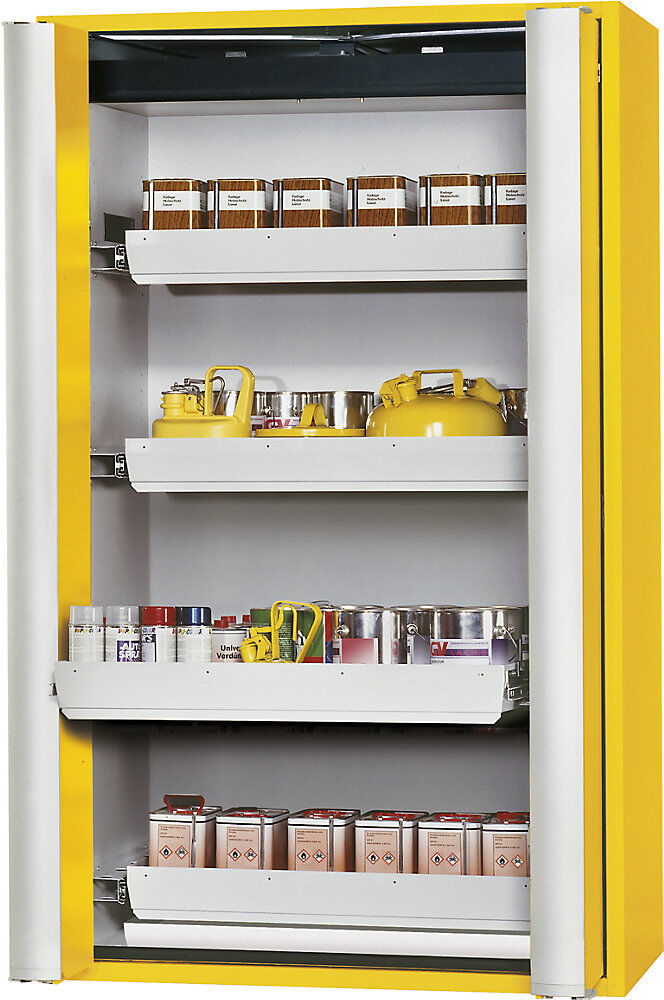 Feuerbeständiger Gefahrstoff-Falttürschrank Typ 90, halbautomatisch, mit 4 Schubladen, goldgelb asecos