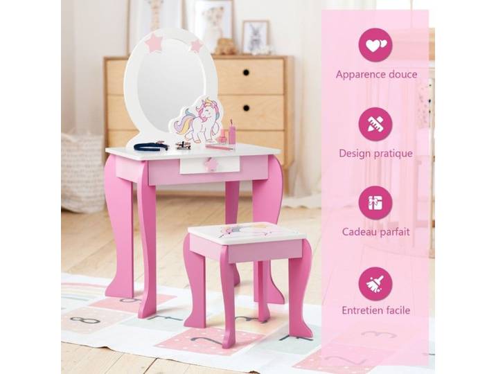 Miroir amovible et tiroir coiffeuse enfant avec tabouret pour maquillage dessin et écriture pour fille