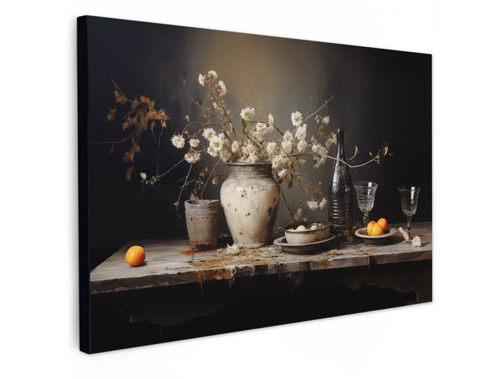 LEINWANDBILD Stilleben - Blumen - Blumenstrauß - Vase - Wein Gemälde 60x40 cm