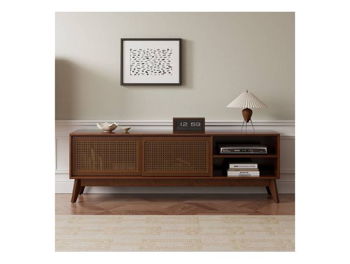Fine Life Pro TV-Schrank Lowboard / TV‑Schrank / TV‑Lowboard mit Rattan‑Schranktüren für Wohnzimmer, für Fernseher bis 65 Zoll