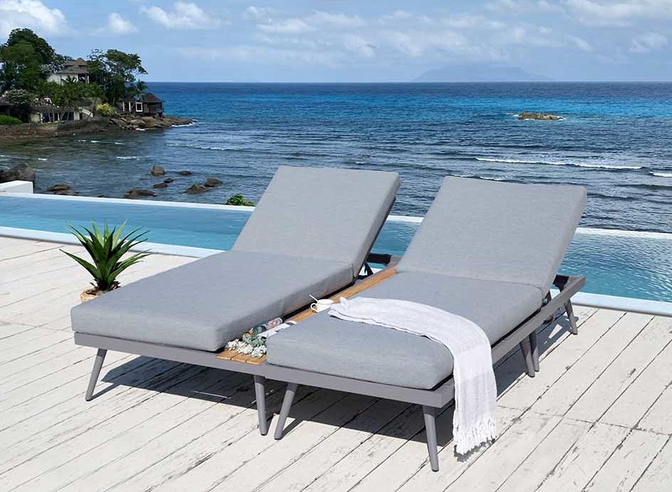 ALEOS. Doppelliege Flexible Lounge aus Aluminium mit Massiv Holz Teak Multifunktionslounge Lounge-Set Loungegarnitur Sitzgruppe Doppelliege Sofagarnitur Barbados grau anthrazit Spunpoly Kissen