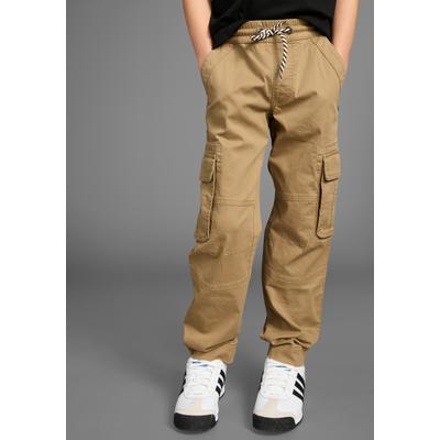 Cargohose KIDSWORLD "Pull-On Cargohose", Mädchen, Gr. 146, N-Gr, beige (sand), Twill, Obermaterial: 98% Baumwolle, 2% Elasthan, unifarben, lang, Hosen Cargohose, mit modischem Bindeband, Topseller