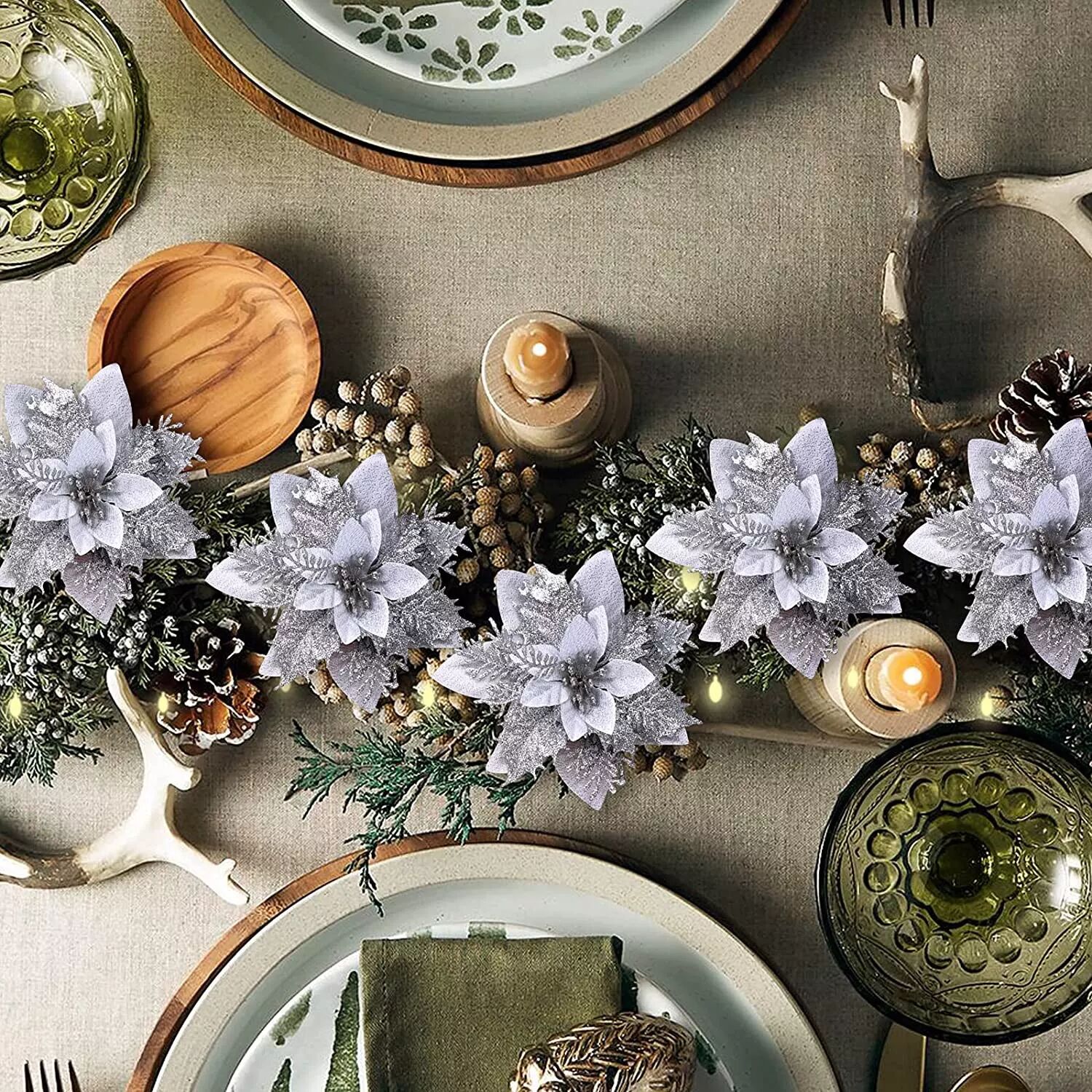 INF Fleurs de Noël artificielles en argent lot de 5 décorations de Noël