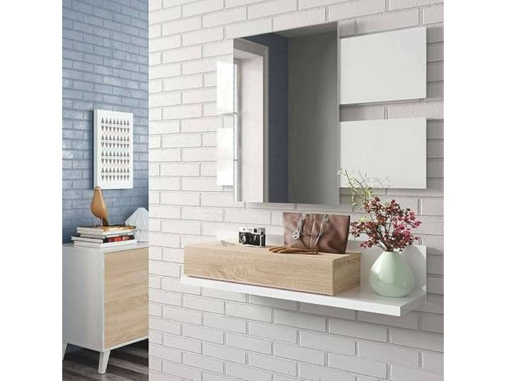 Dmora - Schrank für die Eingangshalle Erie, Abgehängte Eingangshalle mit Spiegel, Schrank mit Schublade für den Eingang, cm 75x29h90, Glänzend weiß und Walnuss
