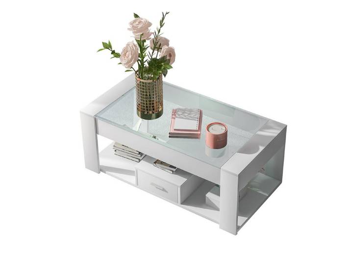 Merax Couchtisch, Sofatisch mit Glastischplatte, Wohnzimmertisch, Schublade