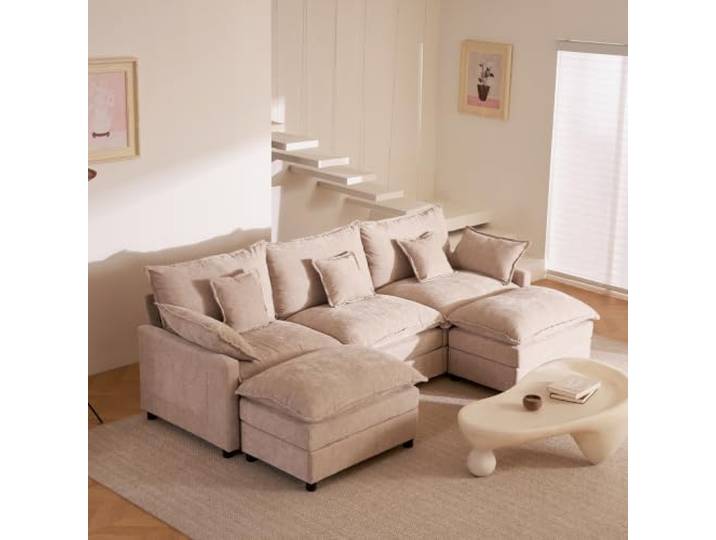 Litbird U-förmiges modulares Sofa 3-Sitzer Ecksofa mit Hocker, tiefes Sitzdesign, Cloud Couch für Wohnzimmer(Hellbraun)