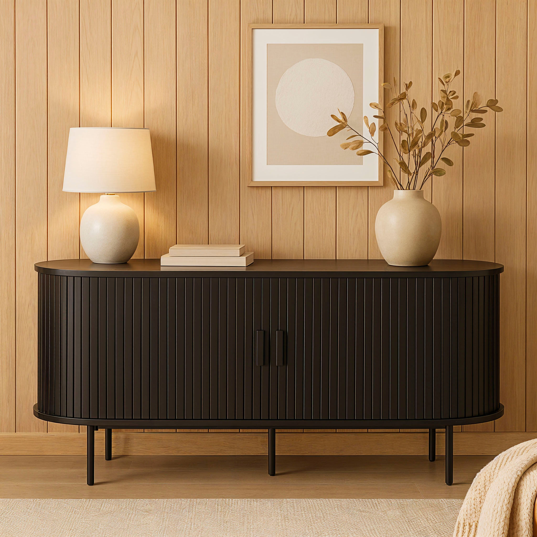 Sideboard MÖBILIA, schwarz, B:140cm H:76cm T:40cm, Melamin, Metall, Sideboards, Sideboard, 2 Schiebetüren