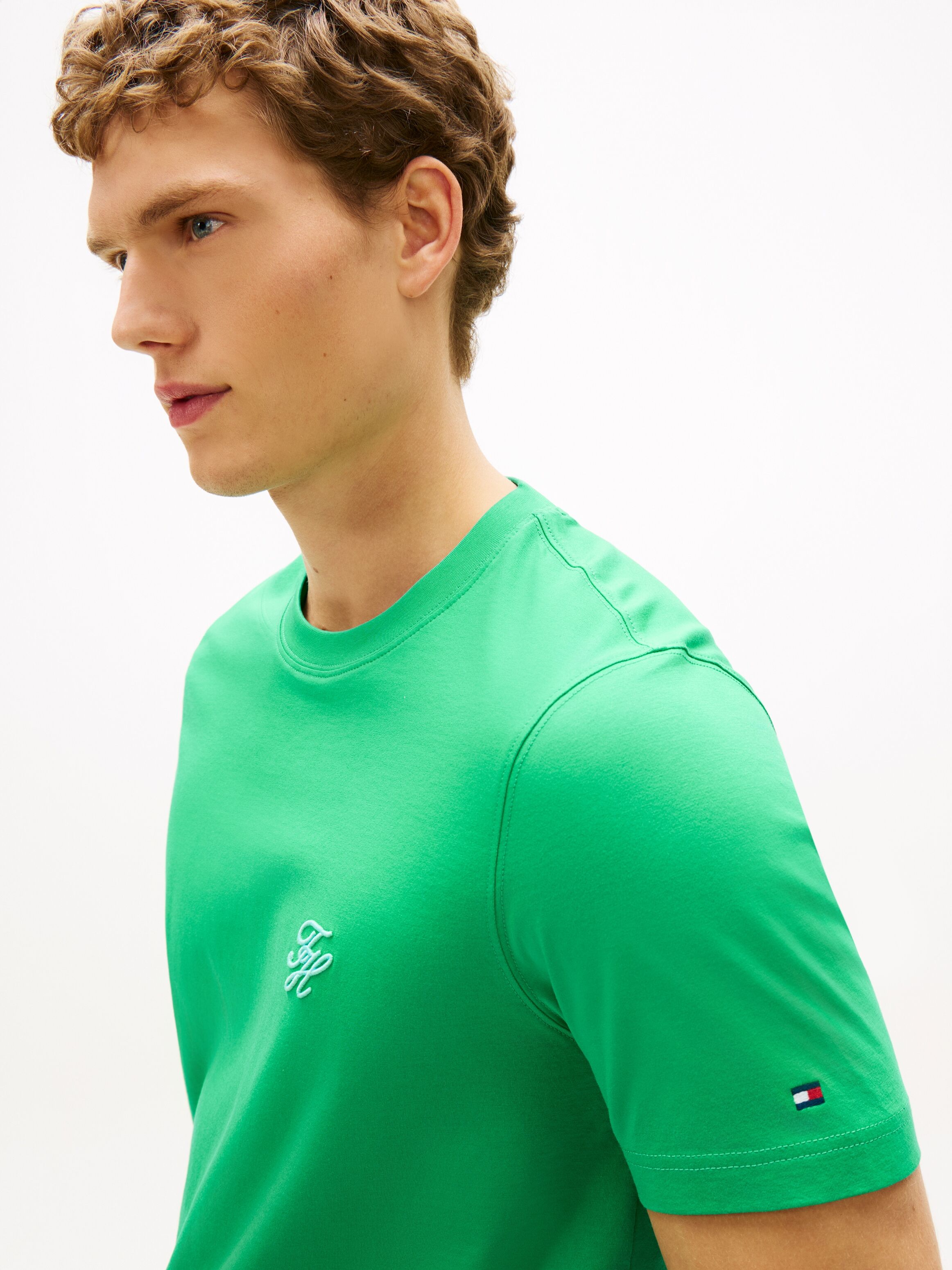 T-Shirt TOMMY HILFIGER "SCRIPT MONOGRAM SWIMSHOP", Herren, Gr. L, grün (jade wink), Single Jersey, Obermaterial: 100% Baumwolle, regular fit normal, Rundhals, Shirts T-Shirt, aus Jersey mit Logo-Stickerei jade wink L