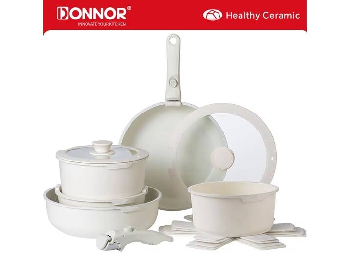 DONNOR 17 pièces ensemble de casseroles et poêles ensemble d'ustensiles de cuisine antiadhésives avec poignée amovible ensemble d'ustensiles de cuisine à Induction ensemble de poêles à frire JT271