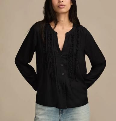 Lucky Brand Ruffle Tuxedo Blouse - Women's Clothing Blouses Tops Dress Shirts in Caviar, Size XS