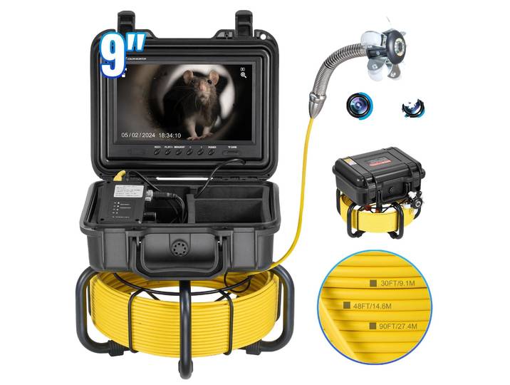 VEVOR Caméra pour canalisations\, 30 m\, caméra d'inspection de canalisations auto-nivelante avec écran 9 pouces 1080P HD\, zoom 36x\, caméra pour canalisations étanche IP68 avec lumières-12 LED