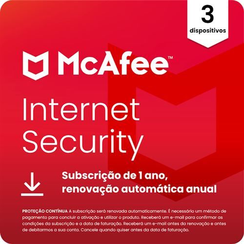 McAfee Internet Security - 3 Dispositivos - 1 Ano - Cartão Digital