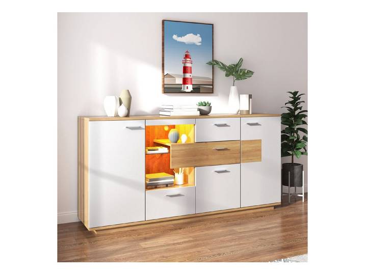 STILVORA Sideboard mit LED-Licht,Beistellschrank Flurschrank mit Schublade und Glasablage