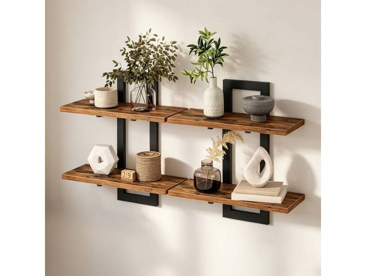 Relaxdays Wandregal Vintagebraun 2er-Set MDF Eisen, Mehrfarbig, Holzwerkstoff, Metall, 38x40x13.5 cm, Wohnzimmer, Regal, Wandregal