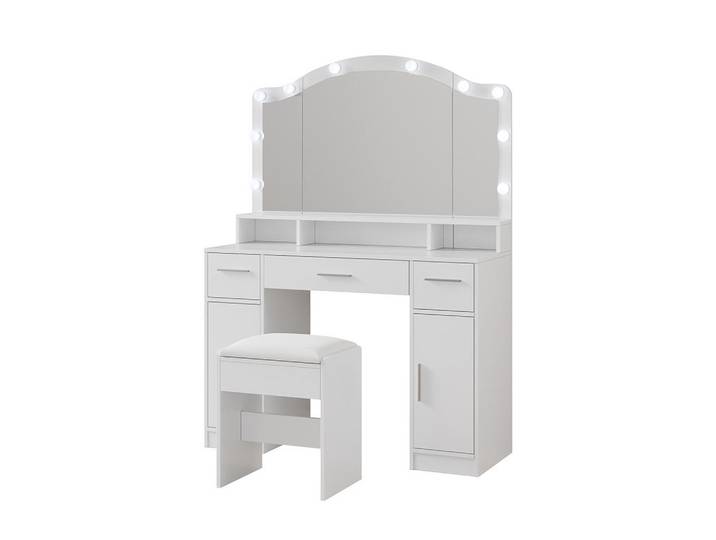 Vicco Schminktisch Lumira, Weiß, 110 cm mit Spiegel, LED-Beleuchtung und Hocker, Holzwerkstoff, 3 Schubladen, Rechteckig, 110x150.5x40 cm, Schlafzimmer, Schminktische