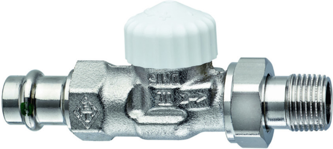 Heimeier V-exact II Thermostat-Ventilunterteil 3718-15.000 R 1/2, Viega Pressanschluss 15mm, Durchgang, Rotguss vernickelt